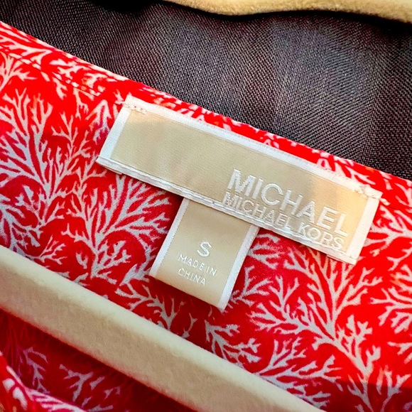 Michael Kors Coral Print, Tie Sleeves, Ribbed Waist Blouse - Picture 3 of 3